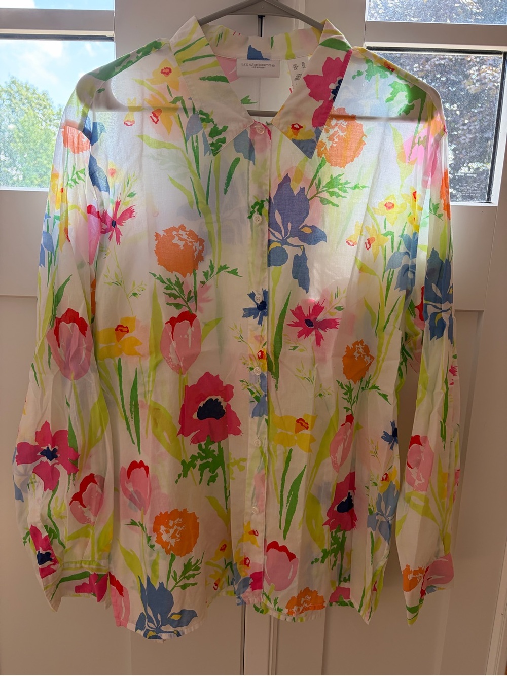 Liz Claiborne lizsport bright floral cotton button down shirt XL blouse preppy